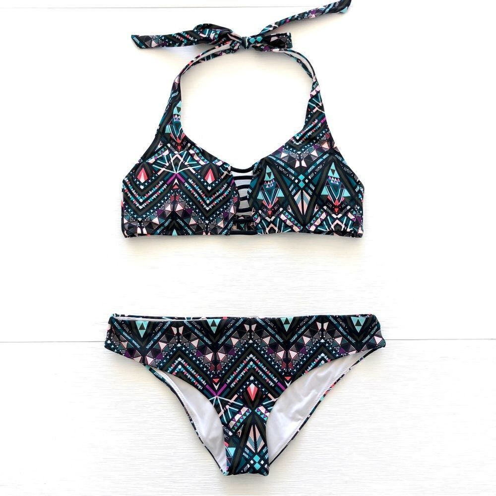 PINK Halter Bikini Swimsuit Geometric Kaleidoscope Print Black Colorful Cutout M